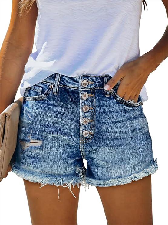 ZOLUCKY Women's Casual Summer Denim Shorts Mid Waisted Stretchy Ripped Jean Shorts with Pockets (XL, A6 Blue)
