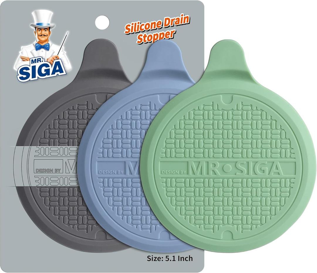 MR.SIGA Silicone Bathtub Stopper, Drain Stopper for Shower, Sink, 5.1" Diameter, 3 Pack (Green+Blue+Grey)