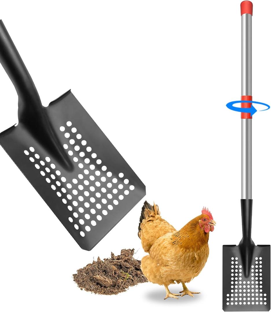Heavy Duty Chicken Poop Scooper, Adjustable Metal Sifting Shovel (31.5-43.5in) for Coop/Stall/Stable, Chicken Coop Accessories