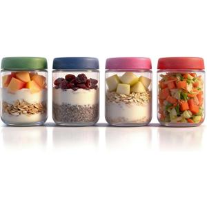 16 OZ 4Pack, Overnight Oats Jars with Lids, Glass Meal Prep Containers, Airtight Mason Jars for Breakfast, Yogurt Parfait, Salad & Smoothies, Leakproof and Reusable Food Storage Jars(4-1)