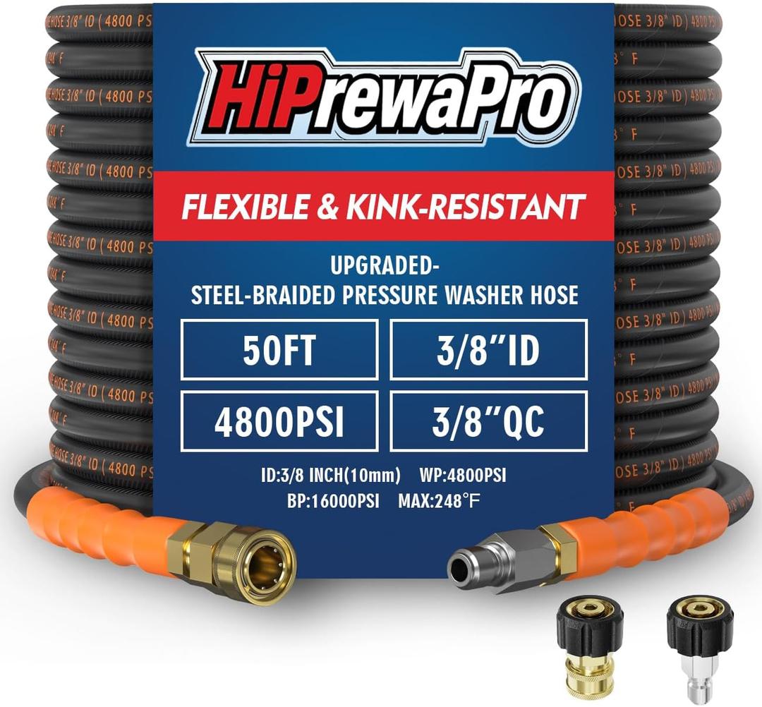3/8" ID Pressure Washer Hose 50 ft, 4800 PSI Steel-Braided & Durable - Flexible & Kink-Resistant, Power Washer Hose with Swivel Quick Connect & M22-14mm Adapter, Hot/Cold Water Compatible (Black)
