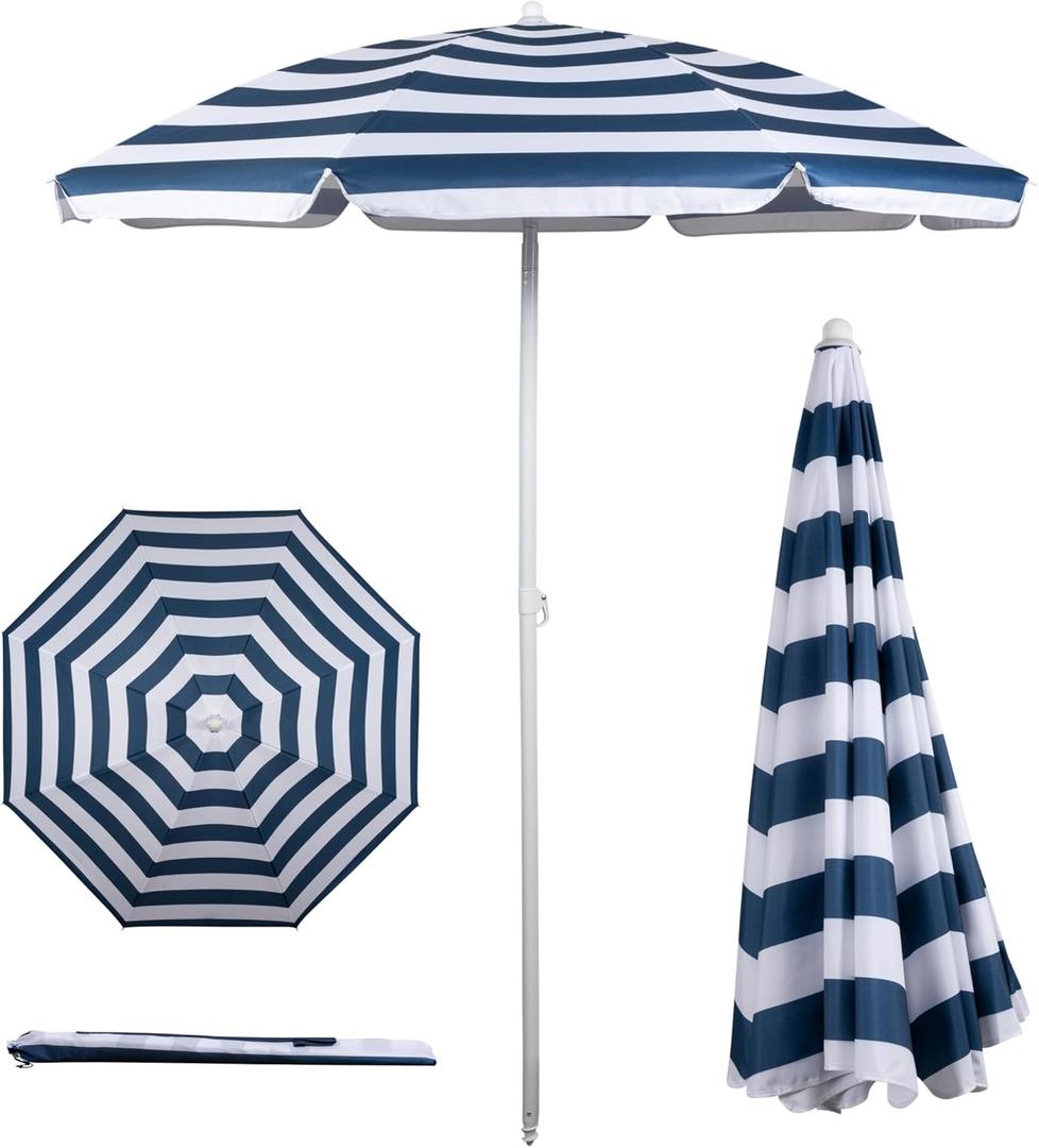 PICNIC TIME 5.5 Ft Portable Beach Umbrella, Lightweight UV Protection Sunshade with Tilt Pole & Carry Bag, Outdoor Canopy Umbrella for Beach, Sand, Pool, Patio, Camping, Travel, or Backyard Shade, (Blue & White Stripe)