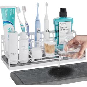 Toothbrush Holders, Bathroom Organizers and Storage with Instant Drying Stone, 6 Slots Bathroom Accessories with Adjustable Toothpaste Holders, Bathroom Counter Organizer, White