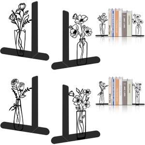 4 Pcs Floral Metal Bookends - Flowers Book Ends for Shelves Decorative, Home Office Desk Bookshelf Decor, Gift for Floral Lovers and Reading Enthusiasts, Reading Gifts for Women