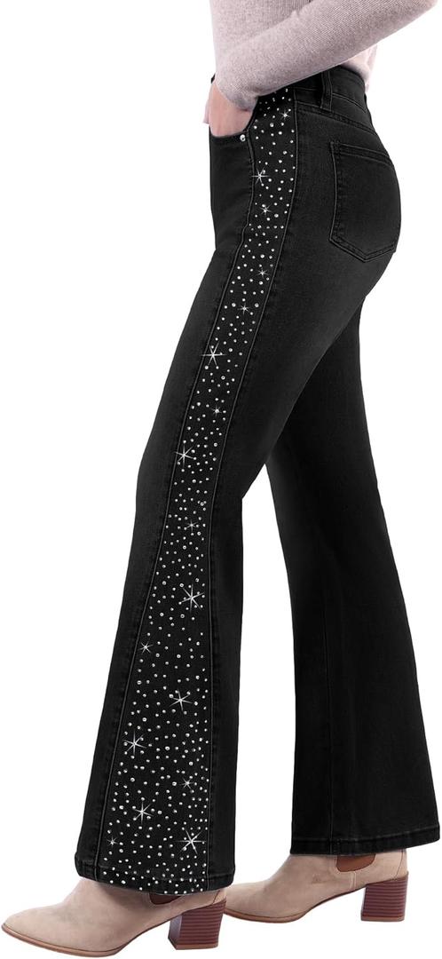 GRAPENT Flare Jeans for Women High Waisted Trendy Wide Leg Embellished Rhinestone Sparkly Concert Stretchy Denim Pants (Medium, Washed Black)