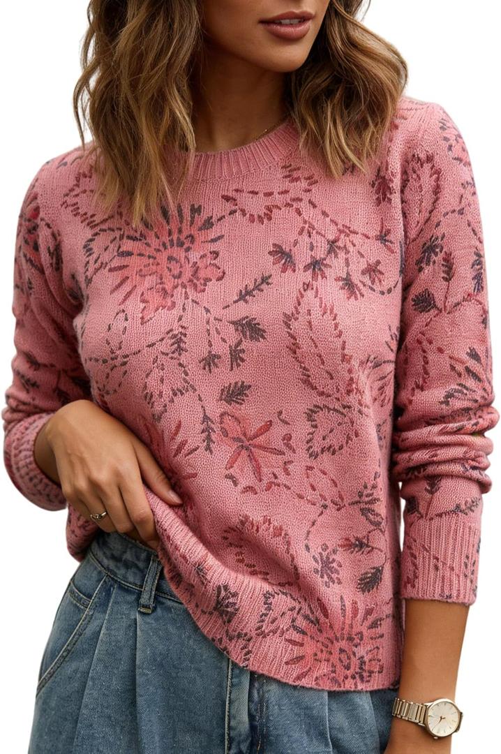 MINSURE Women's Floral Print Sweater Crew Neck Long Sleeve Soft Knit Pullover Tops for 2026 Spring Casual Wear (Pink, M)