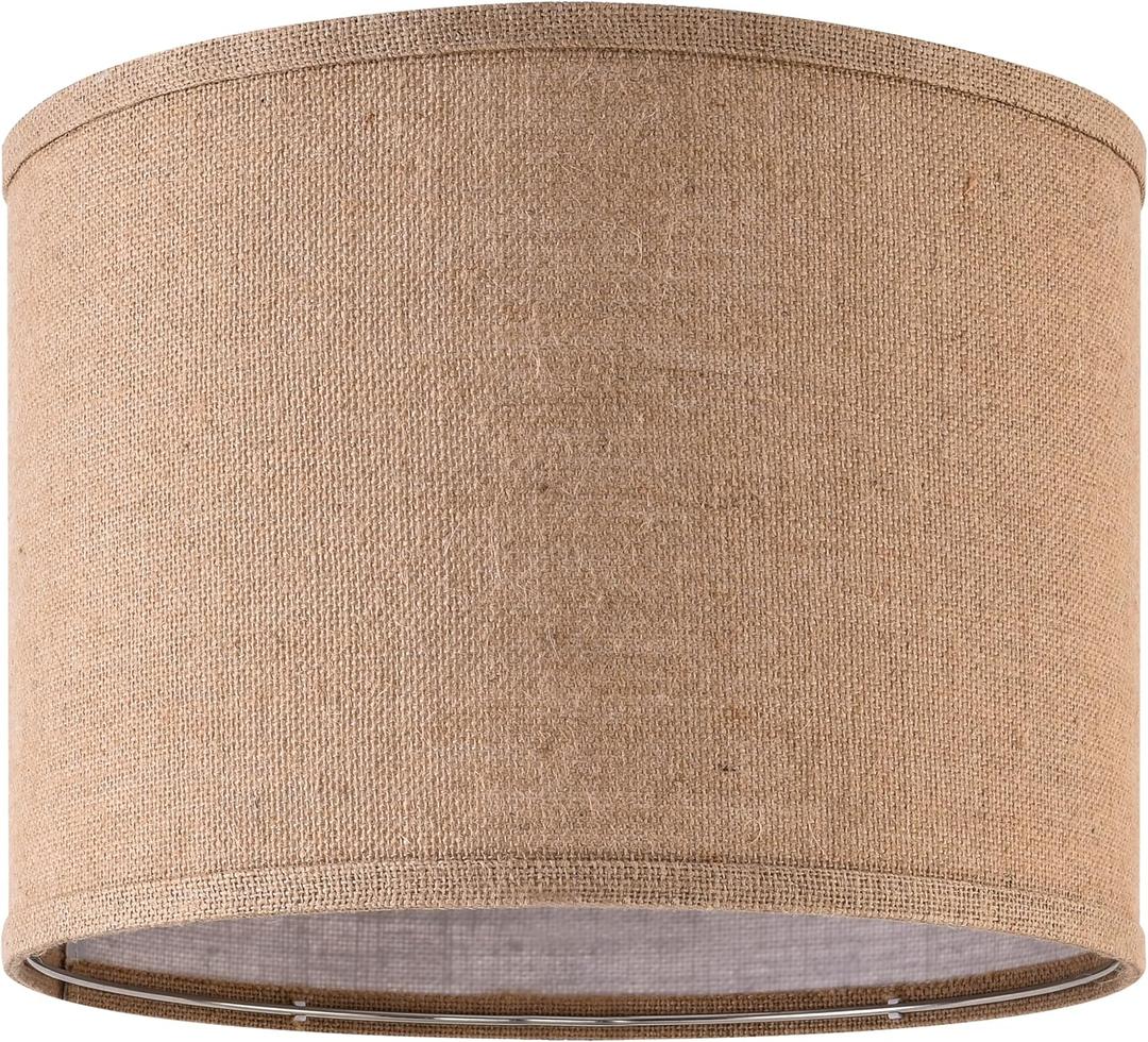 Natural Burlap Linen Lampshade Drum Lamp Shade 13``Top x 13``Bottom x 10``High(Spider) Brown Medium Modern Lamp Shades for Table & Bedside Lamp - Top and Bottom Self Trim Lampshades Replacemen