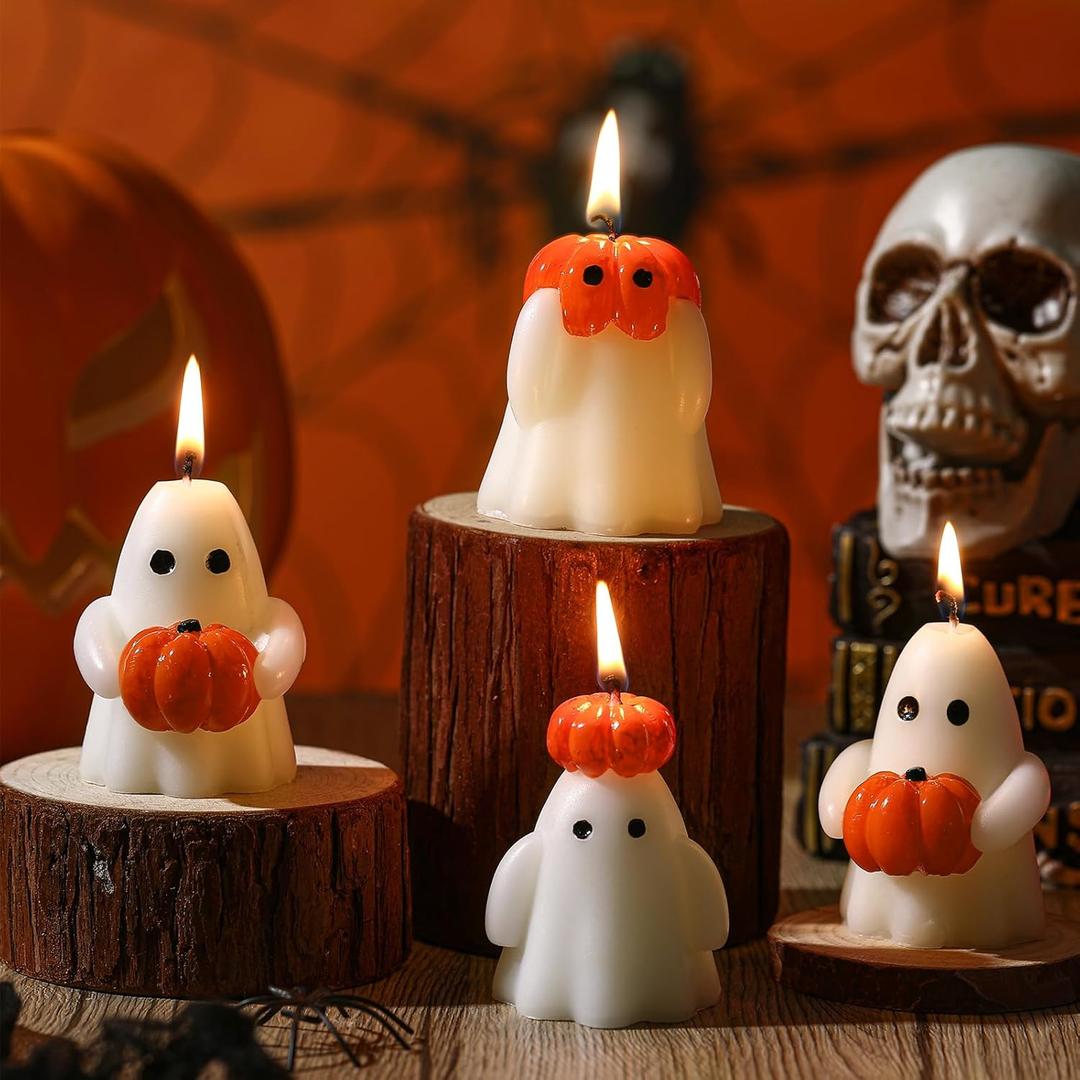 Tondiamo 4 Pcs Halloween Ghost Candle Large Pumpkin Spooky Ghost Shaped Candles Tea Lights Goth Gifts for Halloween Party Favor Table Decoration(White,Orange,Classic Style)