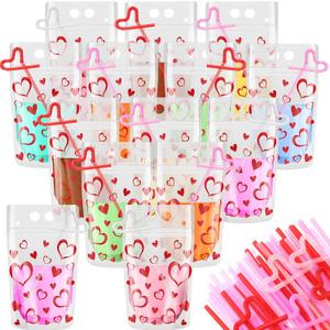 60 Sets Valentine's Day Drink Pouches with Straws 16 oz Heart Drink Pouches for Adults Alcohol Reusable Smoothie Juice Bags Reclosable Alcohol Bags for Valentines Wedding Birthday(Clear)