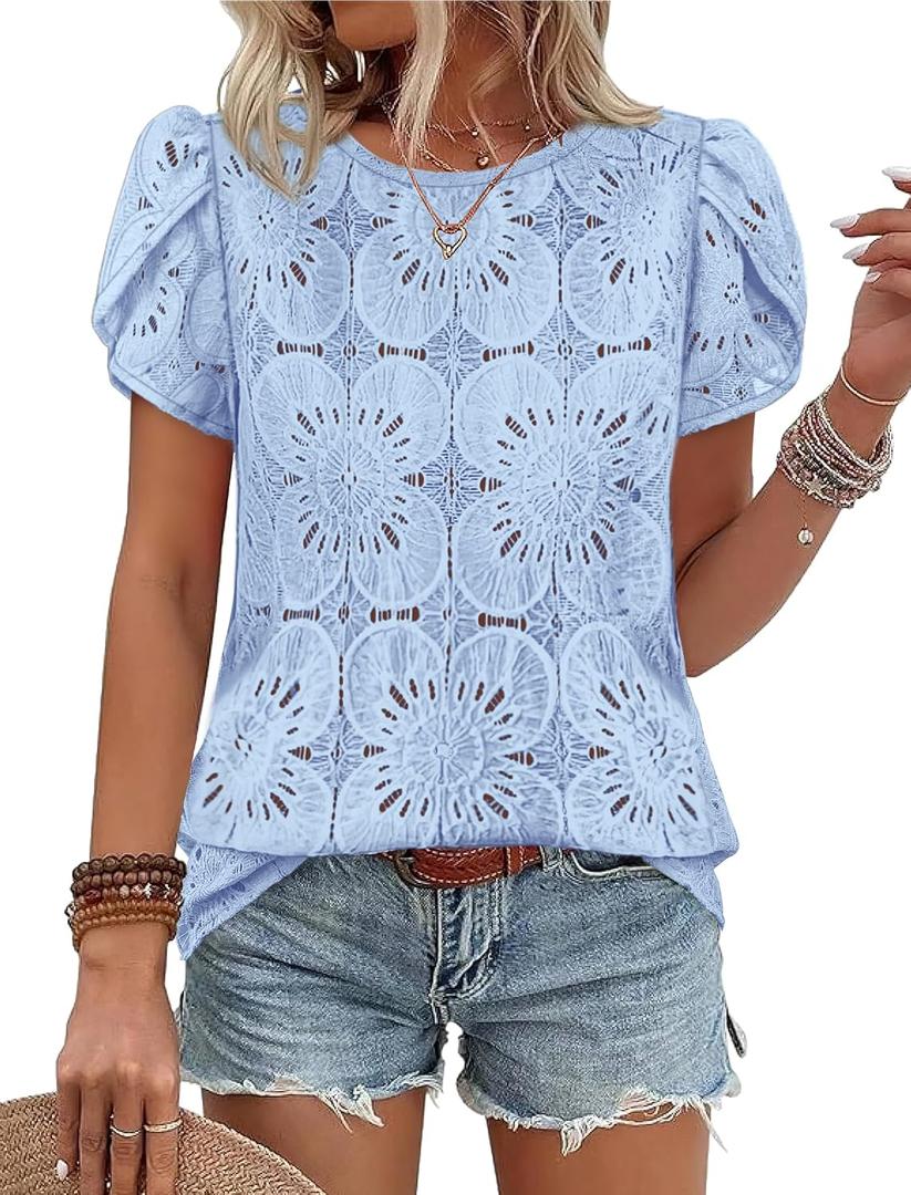 OFEEFAN Blouses for Women Dressy Casual Petal Short Sleeve Shirts Crochet Lace Boho Tops Spring Fashion Summer Outfits, M