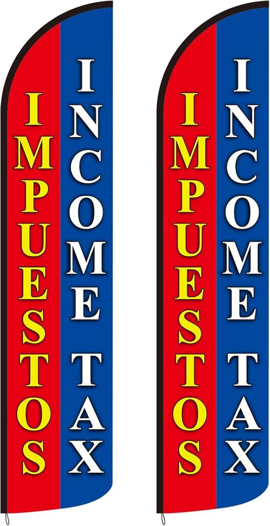 2 Pack Income Tax Feather Flags 2.5 x 12 ft Tall Swooper Advertising Feather Banner Sign for Accounting Offices Professionals, Flag Only (Impuestos Income Tax)