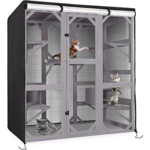 Kingling Outdoor Cat House Cover for Winter, Waterproof and Dustproof Protection Cover for Large Cat Cage Condo Black - 63" L x 32" W x 71" H inch(Cover Only)