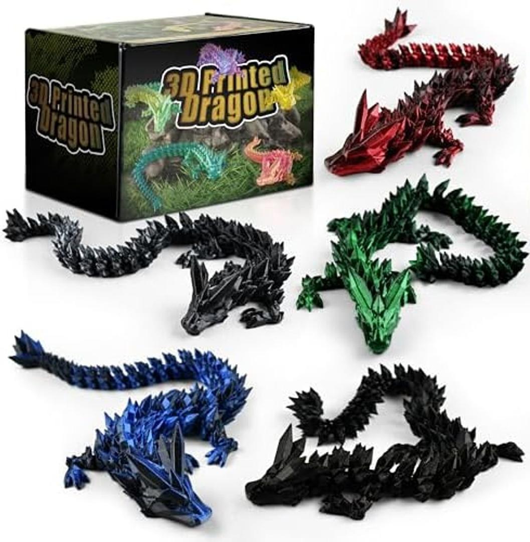 Impossmaker 5PCS Dark Series 12" 3D Printed Dragon Set – Articulated Crystal Dragons, Cool Desk Toys for Adults & Teens, Unique 3D Printed Animals, Gothic Fantasy Decor, Novelty Gift for Men & Boys