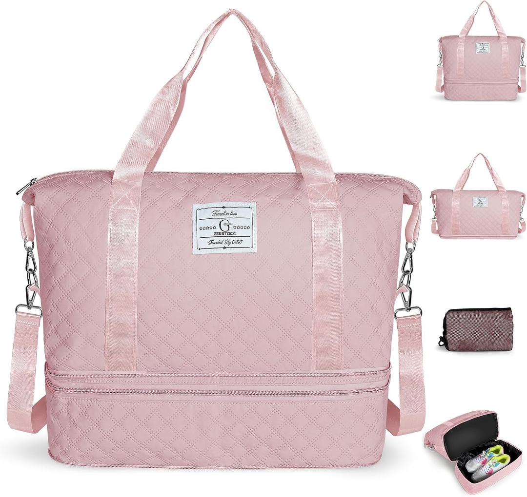 Geestock Travel Duffel Bags, Overnight Bags for women, Carry on Bag with Shoe Compartment & Trolley Sleeve, Hospital Bag for Women Labor Delivery, Gym, Weekender, Pink, 15.3"7.9"14.2"
