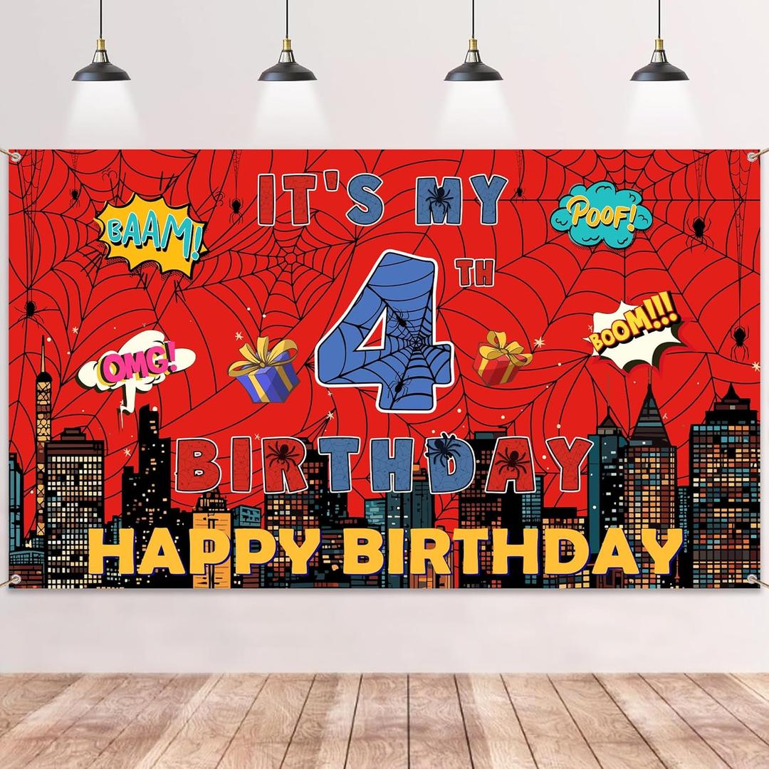 Spider Web 4th Birthday Banner - Red Webs Large Happy Birthday Backdrop Decorations(7143 Inch), Red Blue Photo Booth Photography Background Supplies for Kids Boys 4 Year Old