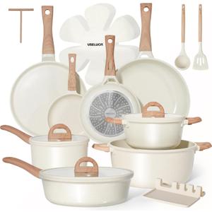 Pots and Pans Set Non Stick Non-Toxic 22 Pcs Ceramic Cookware Sets Nonstick Kitchen Pot&Pan With Lid Cream White Granite Induction Compatible with Glass Lids Crepe Frying Pan PFOA/PFOS-Free