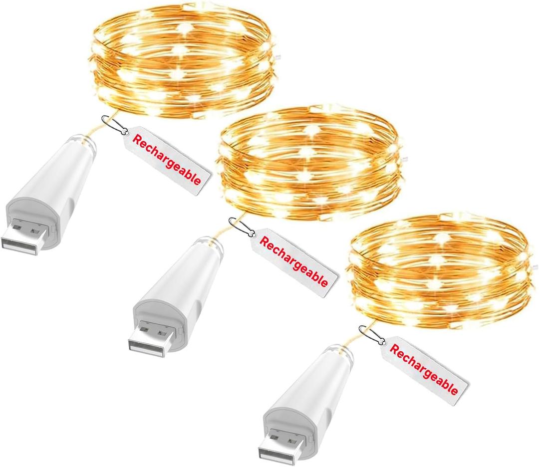 Rechargeable Fairy Lights - 7ft 20 LED String Lights, USB Rechargeable Battery Operated Twinkle Light for Mason Jars Wedding Decor Centerpiece Table Decorations Christmas (3Pack, Warm)