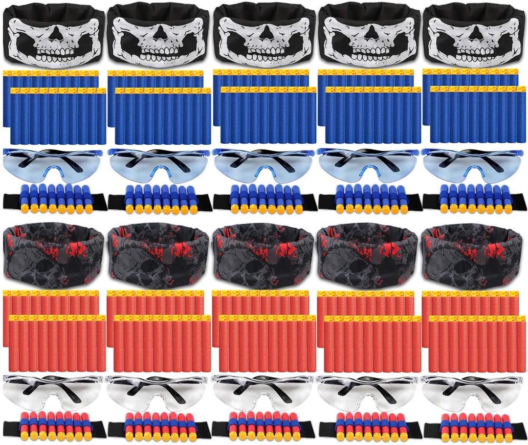 POKONBOY Party Supplies Compatible with Nerf Guns, 10 Sets Kids Blaster Guns Birthday Party Favors Accessories with Face Mask, Refill Darts, Tactical Glasses and Wrist Bands for Two Teams