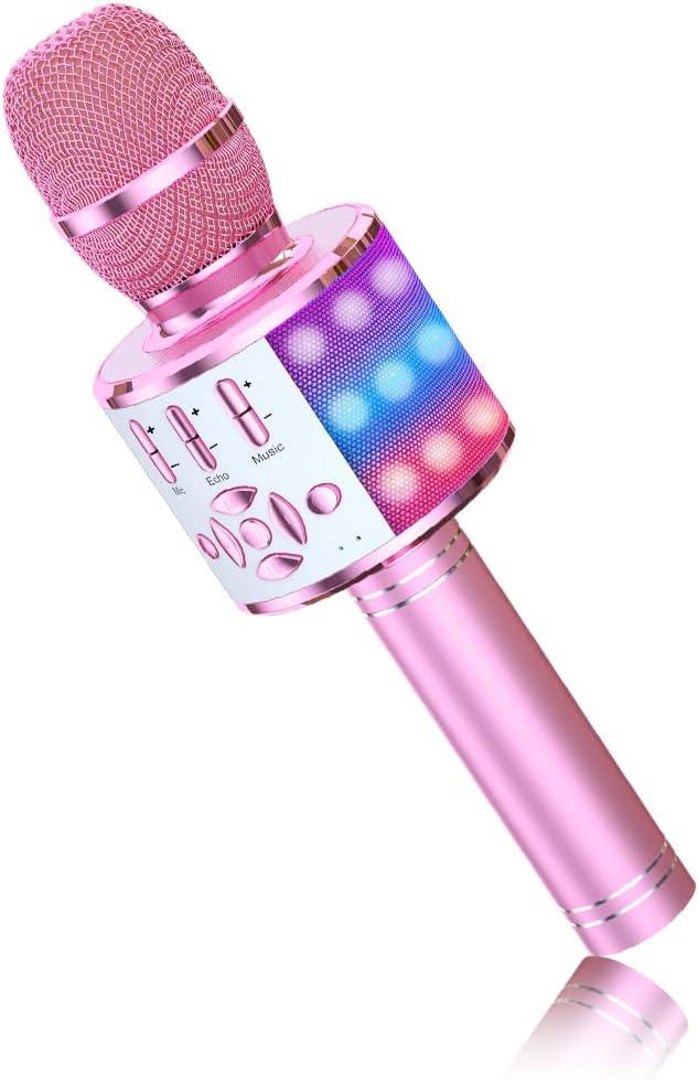 BONAOK Wireless Karaoke Microphone for Kids,Portable Bluetooth Karaoke Machine Mic & Speaker for Phones,Singing Gifts for Girls Boys Adults Party Birthday (Lightpink)
