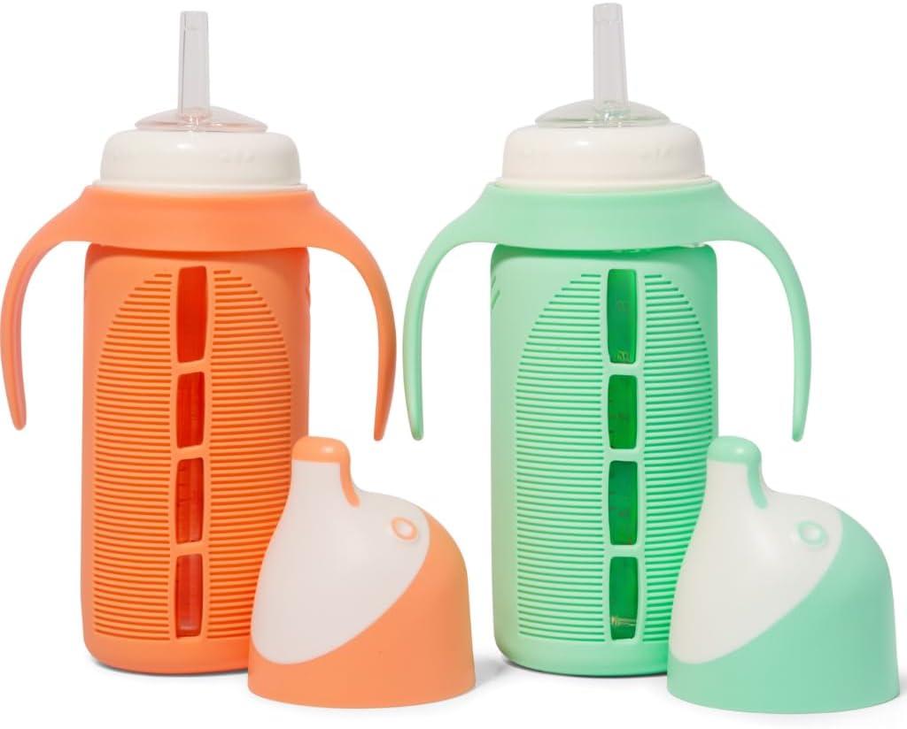 Set of 2 - Glass Sippy Cup for Toddlers - The Luca | Spill-Proof | Silicone Straw | Mint Green & Orange | 8 oz | Liquids Never Touch Plastic | Removable Handles (orange)