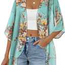 Women's Floral Print Puff Sleeve Kimono Cardigan Loose Cover Up Casual Blouse Tops (4X-Large, Aqua Blue)