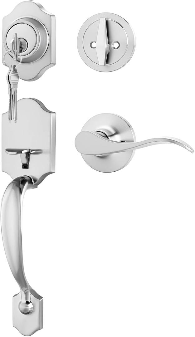 Goldenwarm Front Door Handle and Deadbolt Set, Brushed Nickel Front Door Lock Set with Reversible Handle Lever, Classic Front Door Hardware, Single Cylinder Front Door Entry Lock (1 Pack)