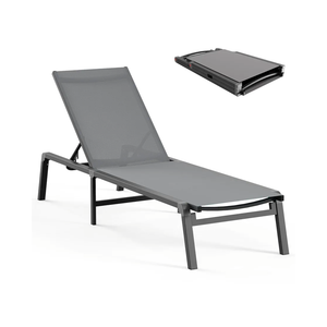 Aluminum Chaise Lounge Ourdoor - Foldable & Assemble Free Outdoor Lounge Chair with 5 Adjustable Backrest, Patio Lounge Chair for Outside Poolside Beach Pool, Grey