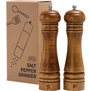 Wooden Salt and Pepper Grinder Set, Premium Oak Wood Salt Grinders Shakers, Pepper Mill with S and P Engraving, Adjustable Ceramic Grinder  8 inches, 2 Pack