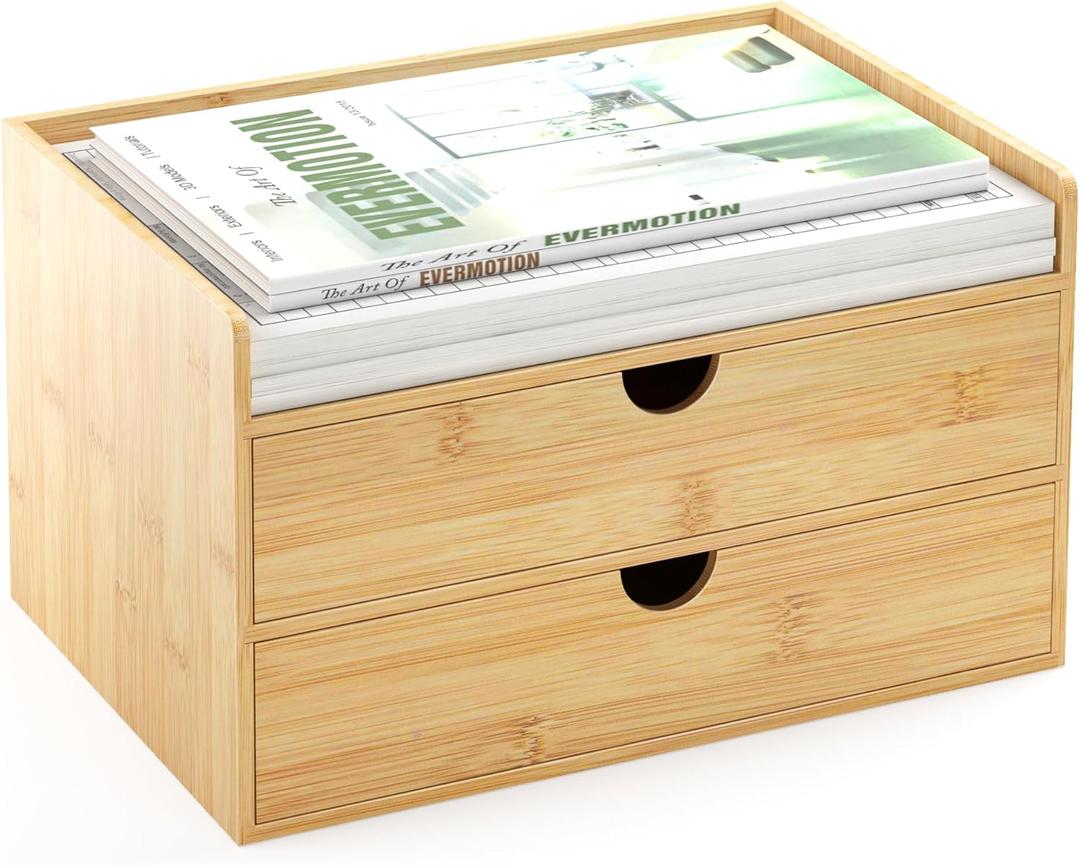 Desk Organizer with Drawers - Bamboo Desktop Organizer Storage | Wood Desk Drawers Organizer for Bills, Office Supplies, Cosmetics, Seals No Assembly Required (2 Drawer)
