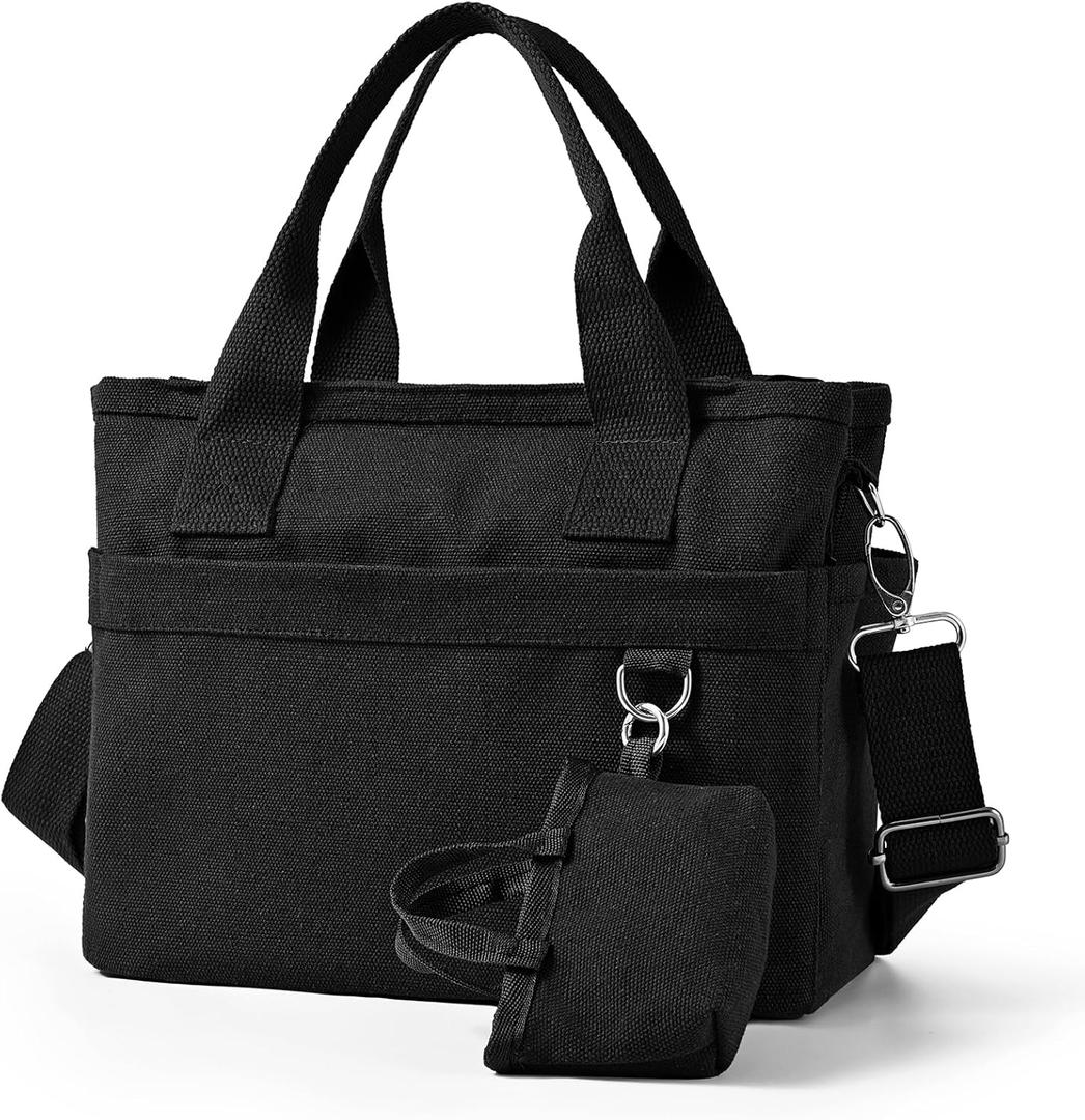 Small Canvas Tote Bag with Multi Pockets, Crossbody Shoulder Bag with Compartments and Zipper, Lightweight Adjustable Tote (Black)