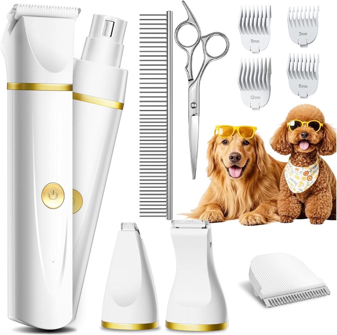 Dog Grooming Kit with Paw Trimmer, All-in-One Low Noise Electric Rechargeable Small Quiet Pet Clippers Foot Dog Hair Shaver with Stainless Steel Scissors and Comb for Dogs at Home (White)
