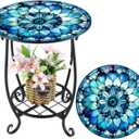 Cinnvoice Outdoor Side Table Round Small Mosaic Patio Accent Indoor End Plant Coffee Tea Table for Yard Patio Porch Garden Living Room, Bedroom(Mandala Flower Style,14 Inch)