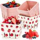 4 Pack Ceramic Berry Baskets, 4.6" Square Fruit Bowls with Holes, Pink & White Berry Containers for Fridge, Decorative Strawberry Grape Cherry Colander, Fruit Crate Holder for Gift Kitchen