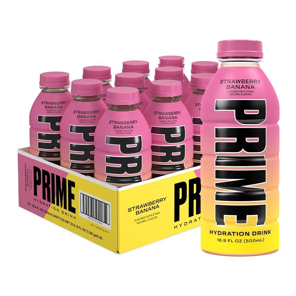 PRIME Hydration STRAWBERRY BANANA, Sports Drinks, Electrolyte Enhanced for Replenishing Fluids, 250mg BCAAs, B Vitamins, Antioxidants, Low Sugar, 16.9 Fl Oz, 12 Pack (EXP 03/07/26)