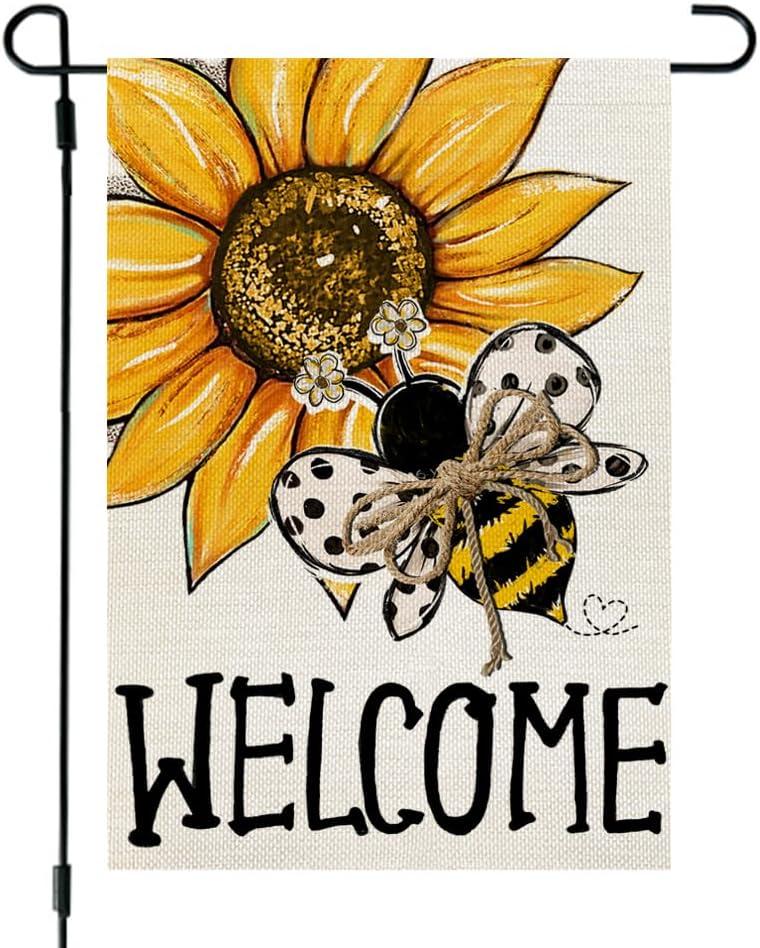 3 x CROWNED BEAUTY Summer Garden Flag Sunflower Bee 12x18 Inches Double Sided Small Burlap Seasonal Welcome Yard Decoration for Outside Porch (Multi)