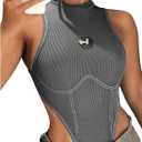 SweatyRocks Women's ICON Letter Patched Detail Sleeveless Body Suits High Cut Skinny Tank Bodysuit (Grey, XS)