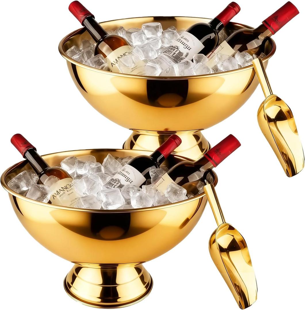 Large Ice Bucket 13L Stainless Steel Champagne Bowl Ice Bucket with Ice Scoop Semicircle Drink Tub with Integrated Base Silver Beverage Tub for Parties, Cocktail Bar, Chilling Wine (2 Packs-Gold) (EXP 09/16/33)