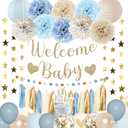 Amandir Dusty Blue Boy Baby Shower Decorations Welcome Baby Banner, Cake Topper, Paper Lantern, Light Blue Balloons, Pom Poms Flowers Tassels, Circle Dots Star Garland, Birthday Party Supplies