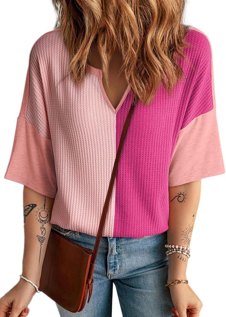 Dokotoo Womens Summer Tops Fashion 2025 Half Sleeve Fluffy Touch Waffle Knit Shirts Casual V Neck Colorblock Patchwork Blouse (XX-Large, Pink)