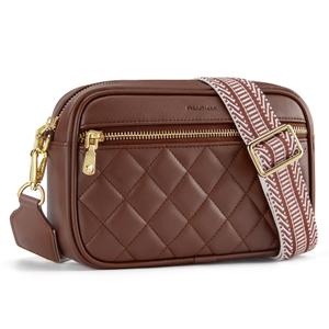 nuoku Quilted Crossbody Bags for Women RFID Anti Theft Wallet Purse with Phone Pocket Vegan Leather Small Travel Purses with Wide Guitar Strap, Coffee