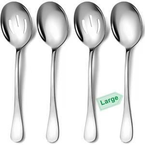 4 Piece Stainless Steel Serving Spoons Set, 10-Inch, Includes 2 Large, 2 Slotted, for Parties/Kitchen/Buffet/Catering, Dishwasher Safe (Silver)