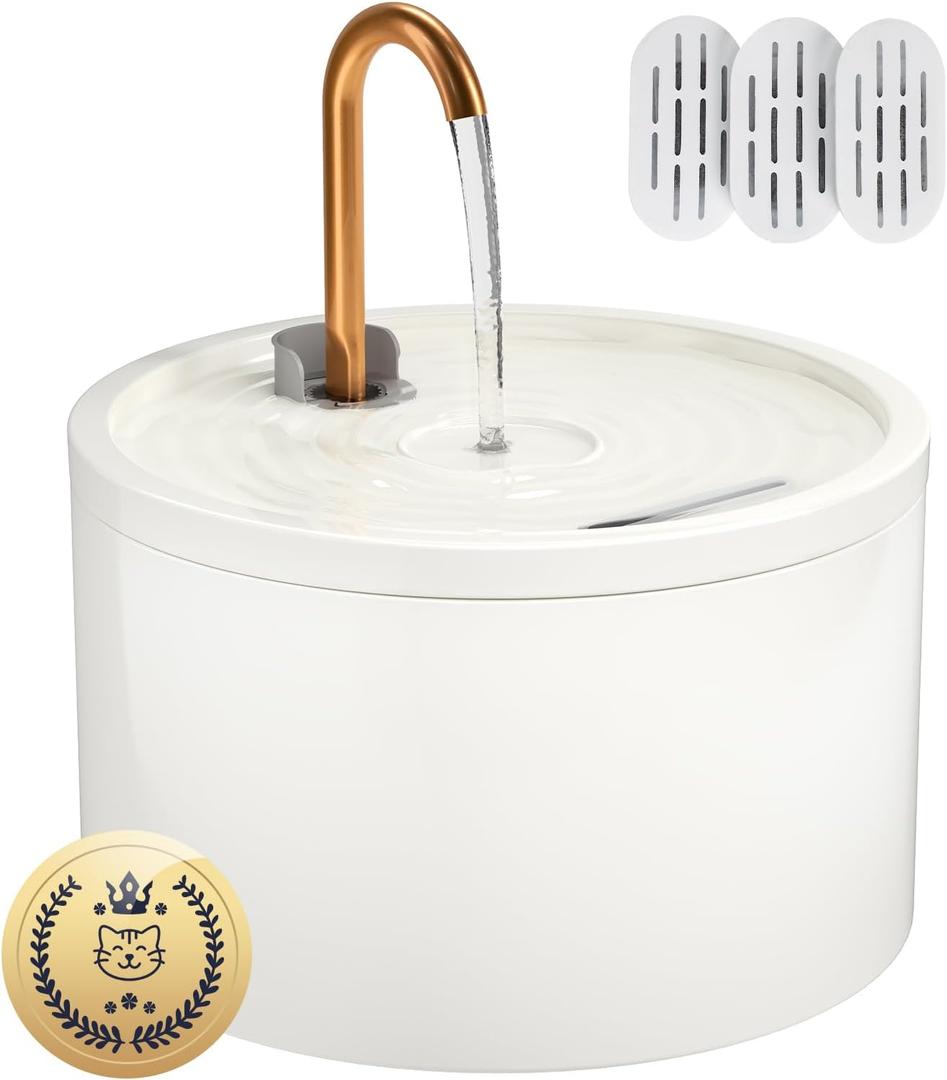 MISFANS Ceramic Cat Water Fountain - 2.1L/71oz - All-Ceramic Body & Pure Copper Water Spout - Non-Toxic - Automatic Pet Drinking Fountain Indoor with Ultra-Quiet Pump, and 3Pcs Filter & Sponge (White)
