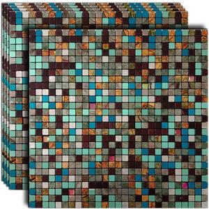 XUANINY Peel and Stick Backsplash Tiles for Kitchen, Bathroom,Fireplace,Self Adhesive Metal Aluminum Mosaic (11.81"x11.81") (5, Mixed Green&Blue&Maple Leaf)