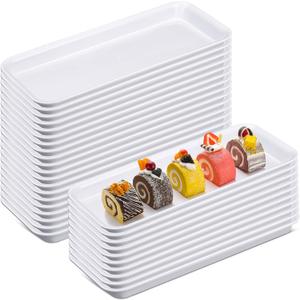 Ziliny 30 Pcs White Serving Platters 14 x 6 Inch Rectangle Serving Trays Reusable Food Tray Dishes Dessert Trays Plastic Plates for Wedding Home Table Thanksgiving Christmas Party