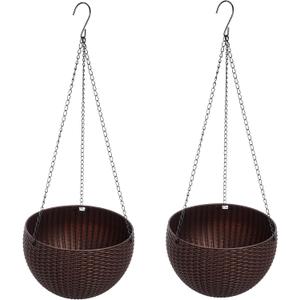 Hanging Basket Plastic Flower Pot Round Resin Garden Hanging Planter for Indoor Outdoor Plants, 2 Pack Brown (8 Inch Brown)