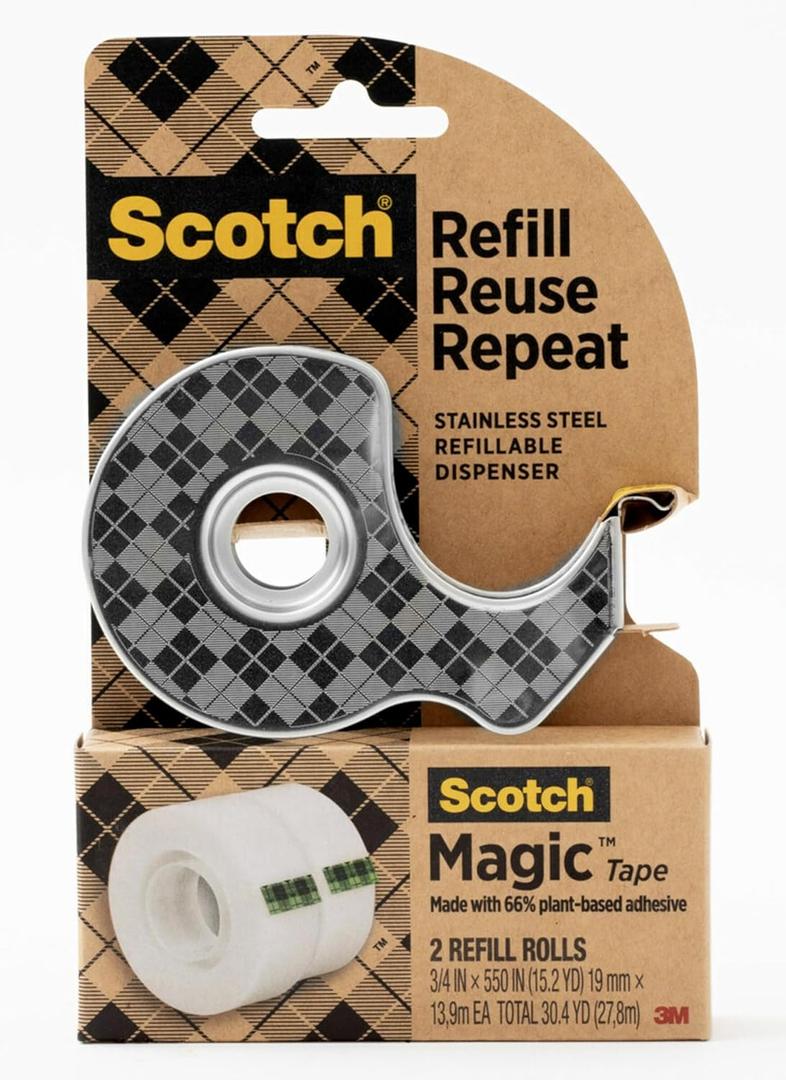 2 x Scotch Stainless Steel Refillable Dispenser and 2 Rolls of Scotch Magic Tape with 66% Plant Based Adhesive, 0.75 in. x 550 in, Invisible Tape, Office Supplies and School Supplies