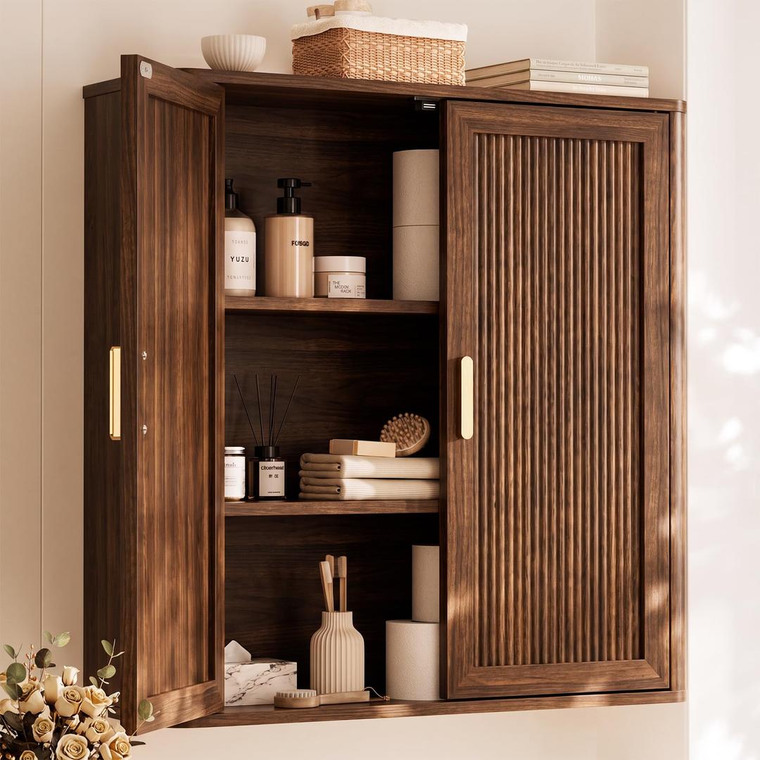 INNOD Bathroom Storage Cabinet, Over The Toilet Storage Cabinet, Medicine Cabinet with Adjustable Wood Shelf & Doors for Laundry Room & Kitchen & Living Room(Walnut)