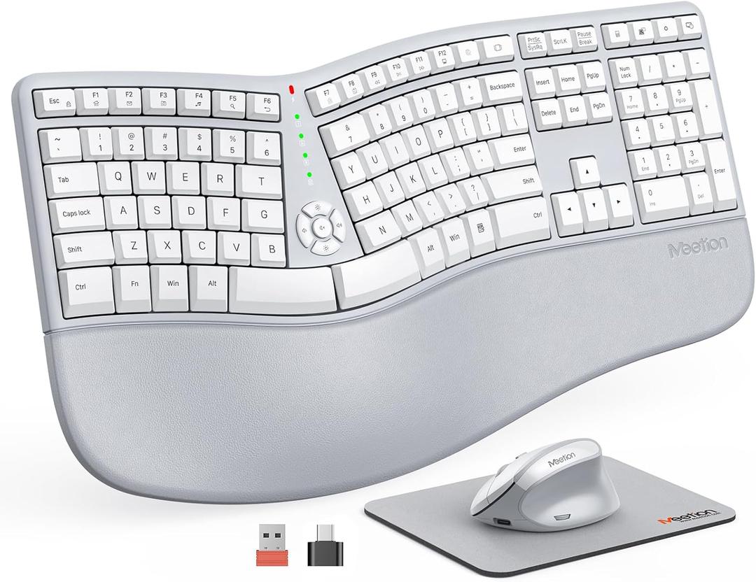 MEETION Ergonomic Wireless Keyboard and Mouse, Ergo Keyboard with Vertical Mouse, Split Curved Keyboard with Wrist Rest, Natural Typing Rechargeable Full Size, Windows/Mac/Computer/Laptop, Gray (Large, Gray White 2025)