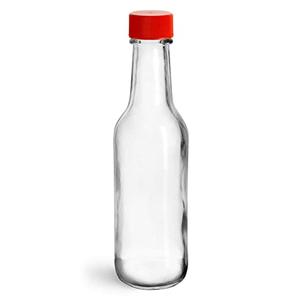 5 oz Clear Glass Sauce Bottles w/Red Ribbed Lined Caps and Orifice Reducers , 18 Pieces