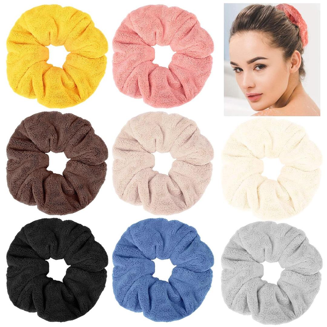 Chuangdi 8 Pieces Large Microfiber Hair Towel Scrunchies, Soft Heatless Fuzzy Hair Drying Hair Ponytail Holder for Wet and Dry Hair, 8 Colors (Classic Colors, White, Gray, Yellow, Orange, Blue)